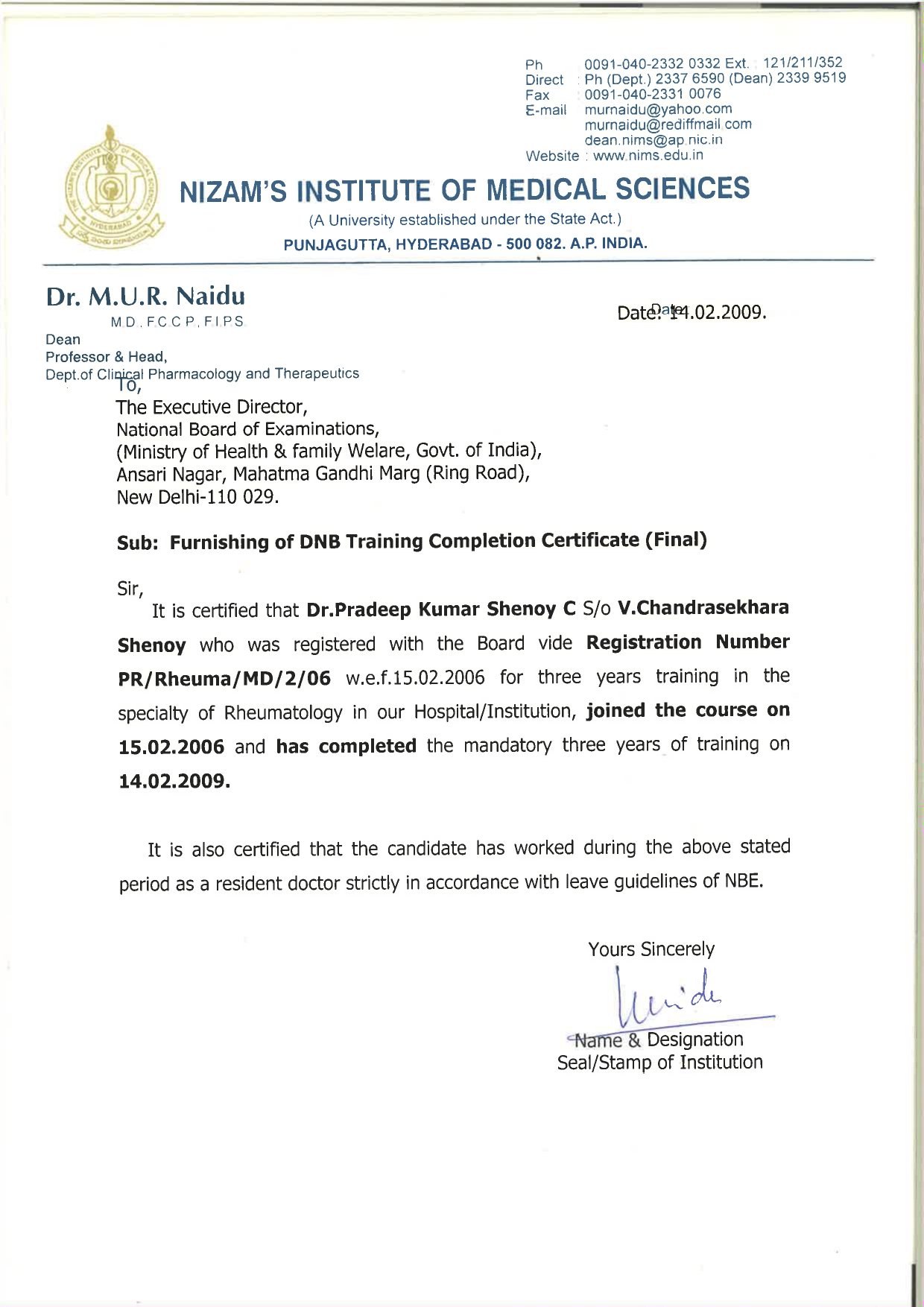 Professional certification and recognition of Dr. Pradeep Kumar Shenoy