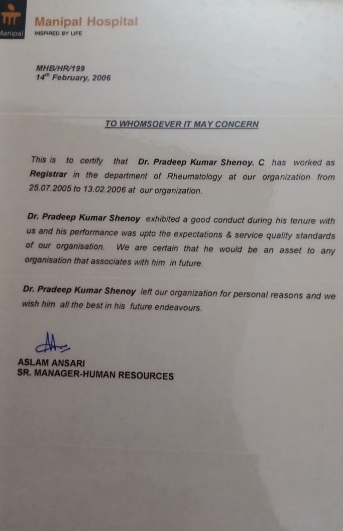 Professional certification of Dr. Pradeep Kumar Shenoy