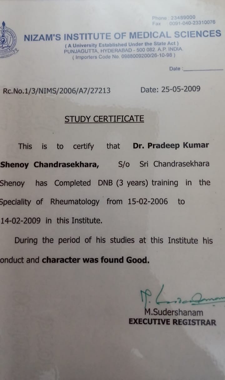 Professional certification of Dr. Pradeep Kumar Shenoy