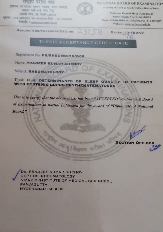 Professional certification of Dr. Pradeep Kumar Shenoy