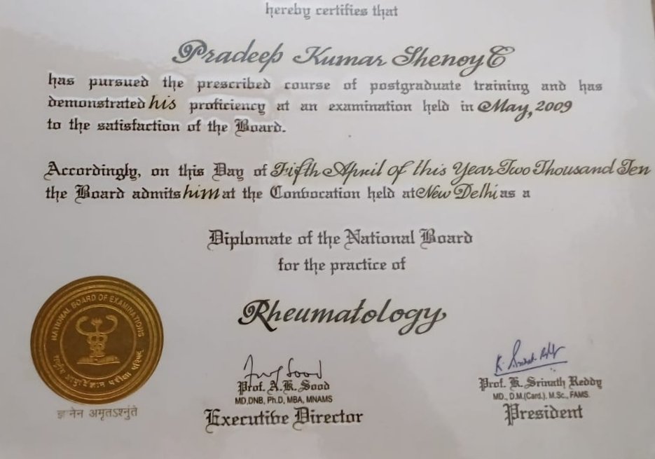 Professional certification of Dr. Pradeep Kumar Shenoy