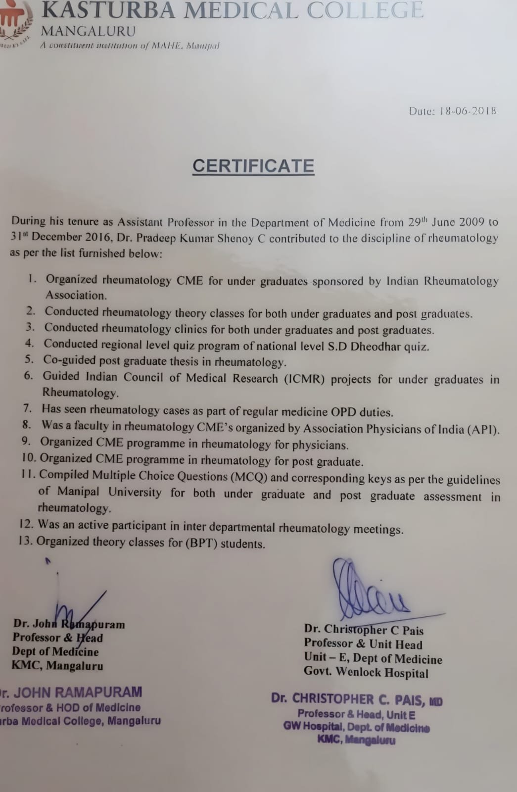 Professional certification of Dr. Pradeep Kumar Shenoy