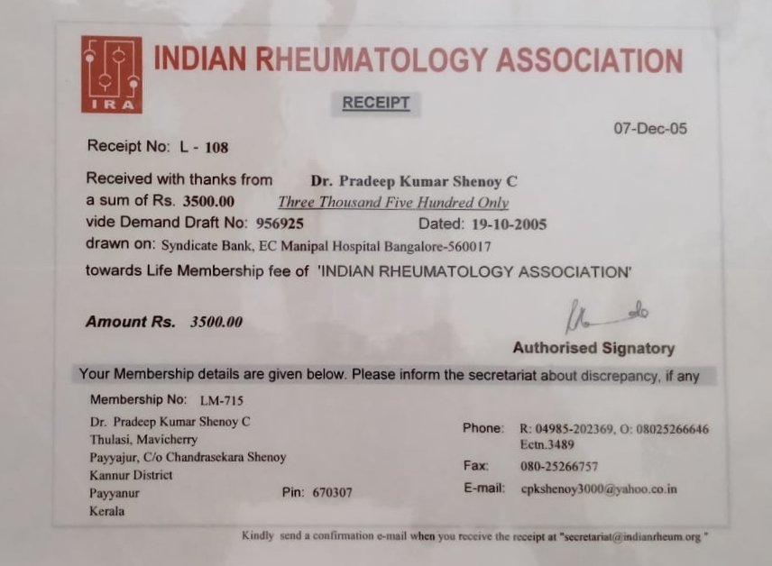 Professional certification of Dr. Pradeep Kumar Shenoy