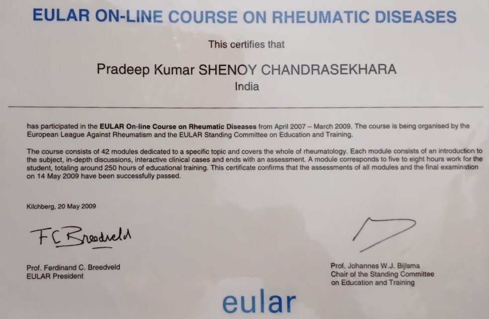 Professional certification of Dr. Pradeep Kumar Shenoy