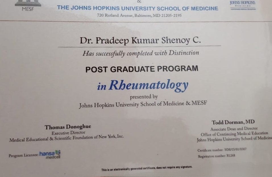Professional certification of Dr. Pradeep Kumar Shenoy
